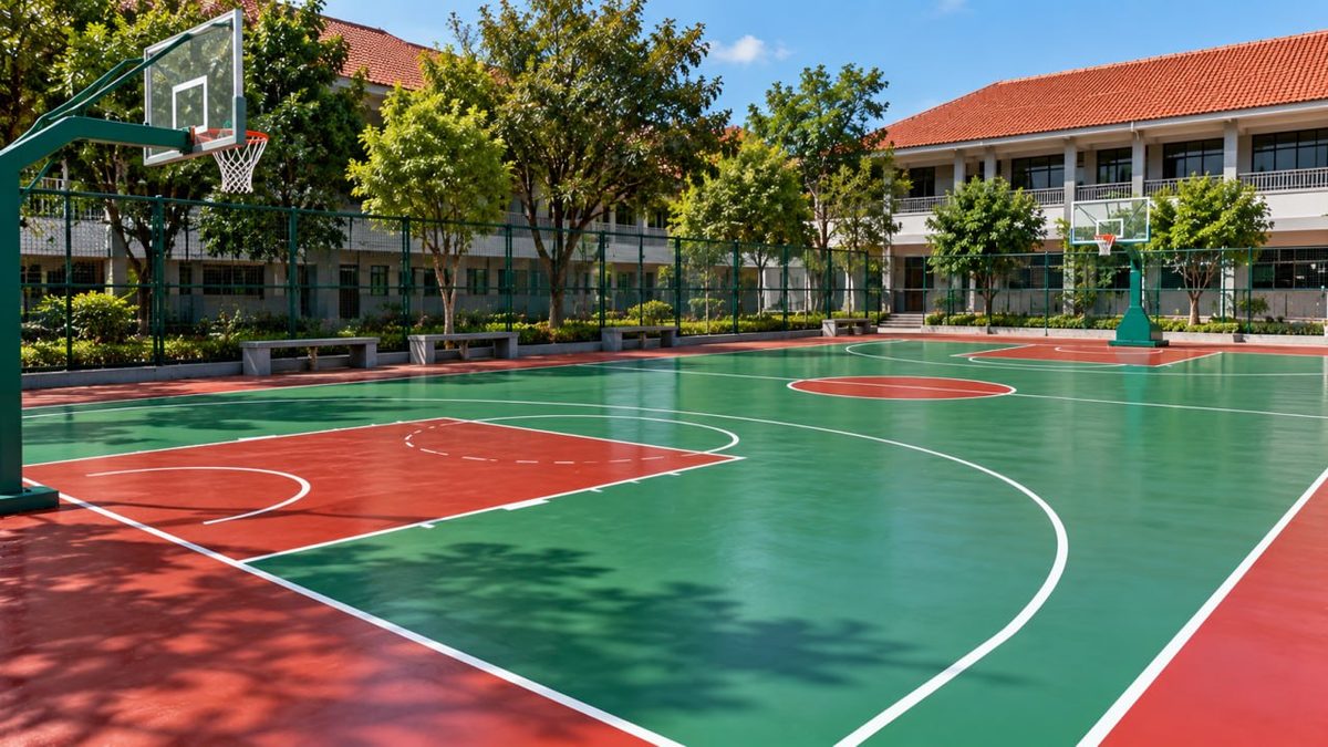 Panduan Lengkap Memasang Lantai Lapangan Basket Sendiri (Lantai Lapangan Basket) 2 Lapangan basket outdoor dengan tile sintetis warna hijau dan merah yang sudah terpasang