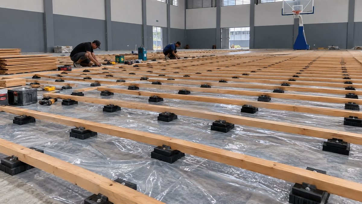 Lantai Lapangan Basket Berkualitas Tinggi 3 Papan lantai kayu dipasang di atas penyangga karet