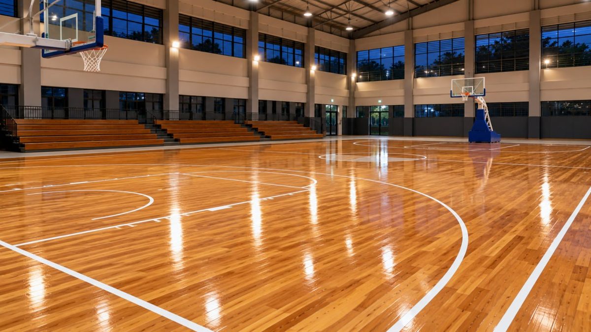 Jenis-Jenis Lapangan Basket Standar FIBA: Panduan Lengkap dari LantaiParket.id 1 Lapangan basket indoor dengan lantai parket kayu