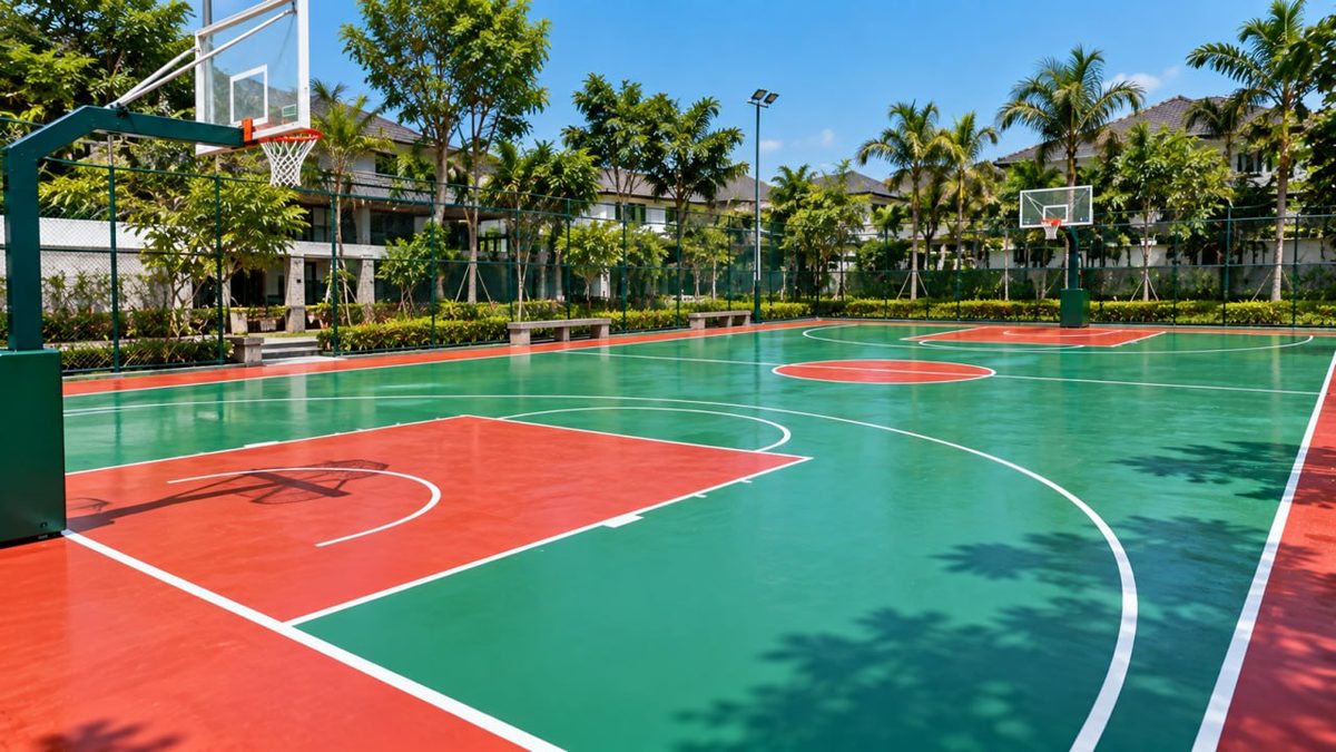 Jenis-Jenis Lapangan Basket Standar FIBA: Panduan Lengkap dari LantaiParket.id 3 Lapangan basket outdoor dengan lantai warna hijau dan merah