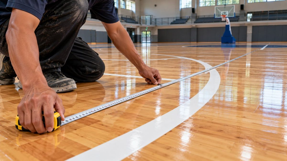 Basketball Court Flooring Indonesia: FIBA Specs & Price 6 Hands of a worker applying a white court line onto parquet flooring