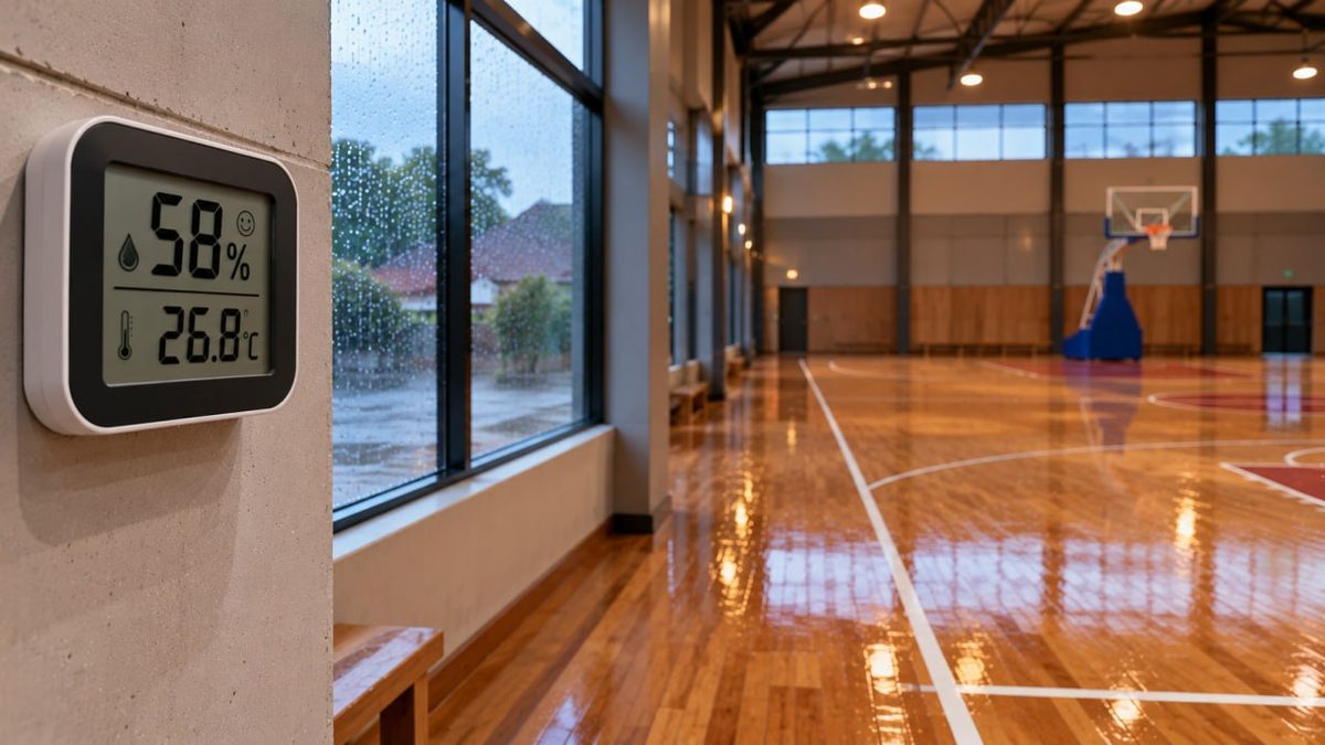 Lantai Kayu Gresik: Harga & Jasa Pasang 2026 1 Alat pengukur kelembaban di ruang lapangan basket kayu