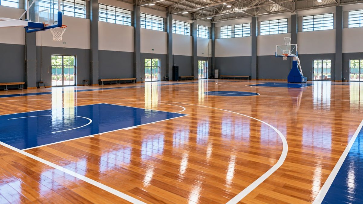 Lantai kayu lapangan basket dengan garis penanda biru dan oranye