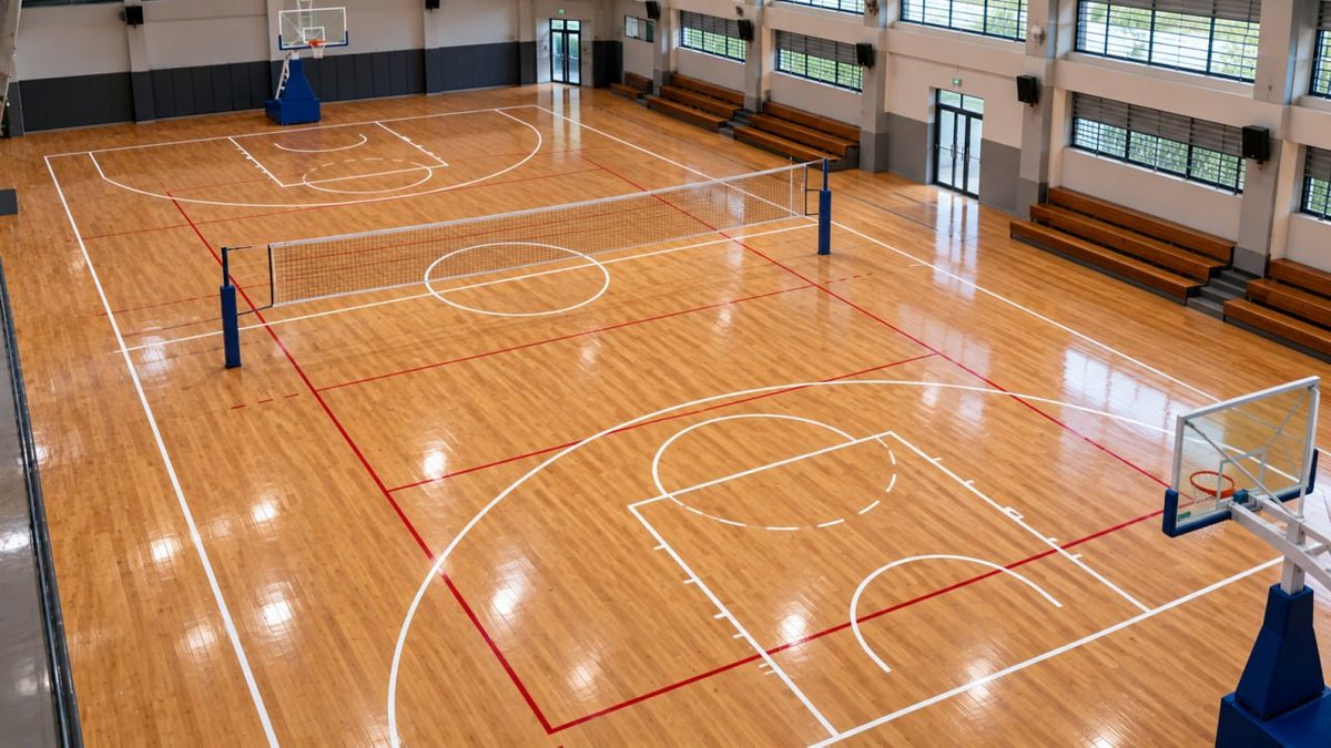 Lantai Kayu vs Lantai Vinyl untuk Lapangan Basket: Mana yang Lebih Unggul? 2 Lantai parket kayu lapangan basket dengan garis putih
