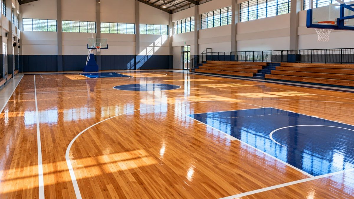 Lantai parket lapangan basket indoor dilihat dari sudut diagonal memperlihatkan pola kayu dan garis lapangan