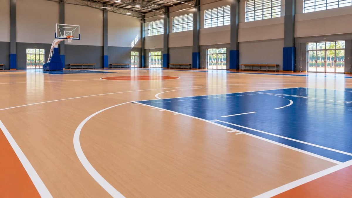 Lapangan basket indoor dengan lantai kayu dan garis lapangan biru putih di GOR serbaguna