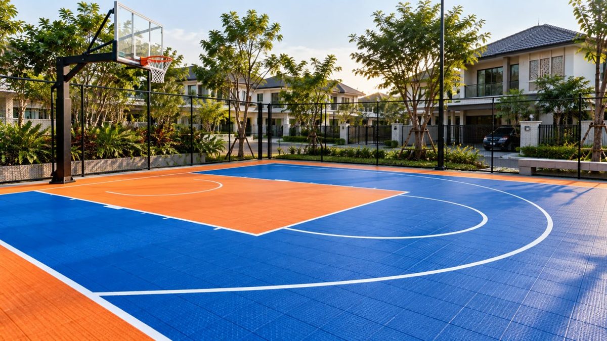 Lantai Kayu vs Lantai Vinyl untuk Lapangan Basket: Mana yang Lebih Unggul? 3 Lapangan basket outdoor dengan lantai biru oranye