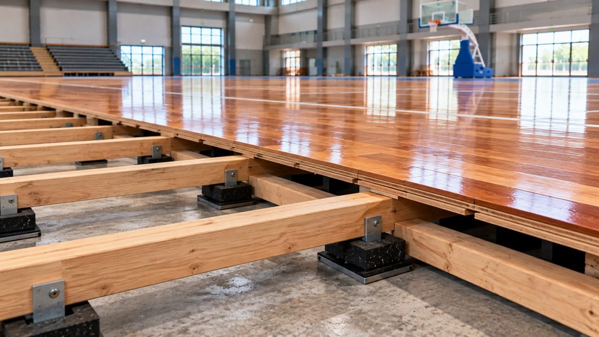 Basketball Court Flooring Indonesia: FIBA Specs & Price 3 Wooden court panel resting on its supporting substructure before the deck is closed
