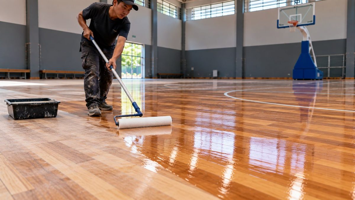 Basketball Court Flooring Indonesia: FIBA Specs & Price 4 Worker measuring out a wooden basketball court surface with a tape