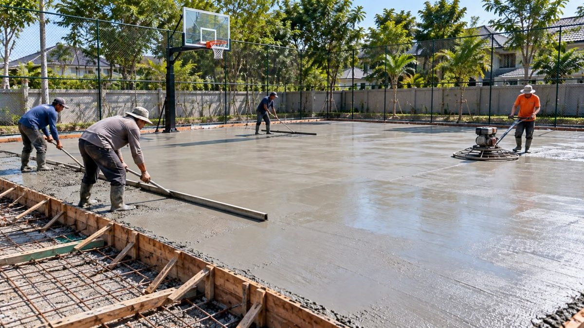 Pembuatan Lapangan Basket: Panduan Lengkap dari Awal Hingga Siap Pakai 2 Pekerja meratakan lantai beton untuk lapangan basket