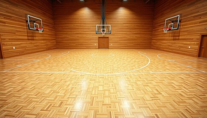 Portofolio Proyek Lantai Parket & Lantai Kayu 16 A well-lit indoor basketball court with a parquet floor in a warm, natural wood tone. The flooring features a classic herringbone pattern, creating a visually appealing and textured surface. The court is spacious, with clearly marked boundaries and baskets at each end. The lighting is soft and diffused, creating a welcoming and inviting atmosphere. The overall scene conveys a sense of professionalism and attention to detail, highlighting the importance of the playing surface in a basketball facility.