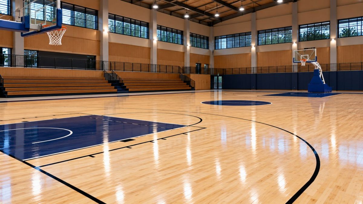 Lantai Parket Lapangan Basket 1 Lantai parket lapangan basket indoor selesai dipasang dengan tribun