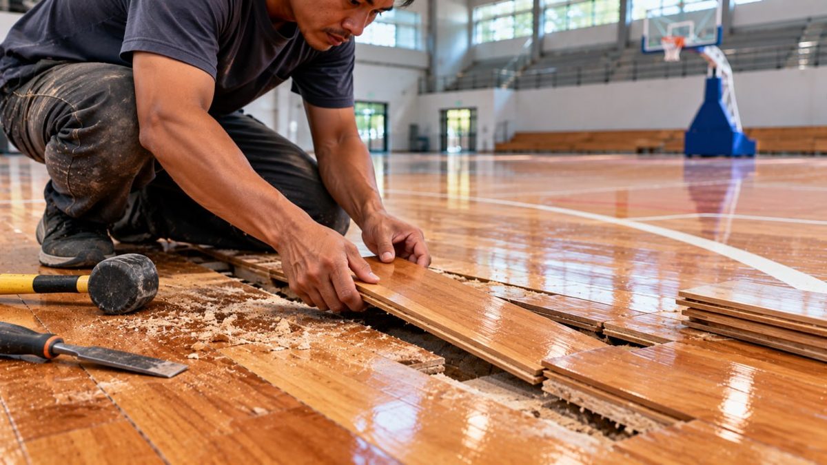 Rahasia Memilih Lantai Lapangan Basket yang Bikin Pemain Betah Berlama-lama 2 Panel kayu belum selesai dengan garis hitam