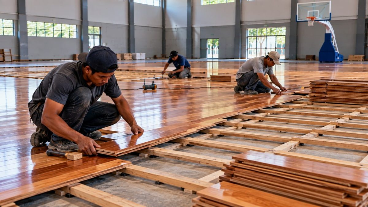Lantai Kayu Gresik: Harga & Jasa Pasang 2026 6 Pekerja berlutut mengerjakan detail lantai kayu