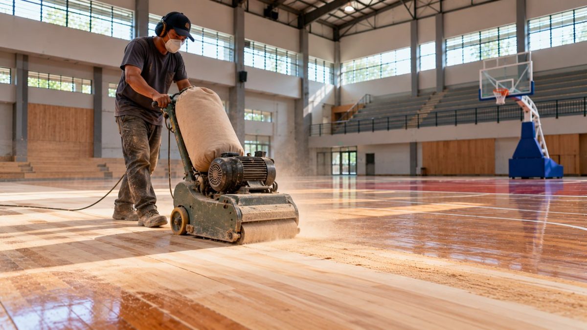 Perawatan Khusus Lantai Lapangan Basket Kayu 1 Pekerja memakai mesin sander di lantai kayu basket