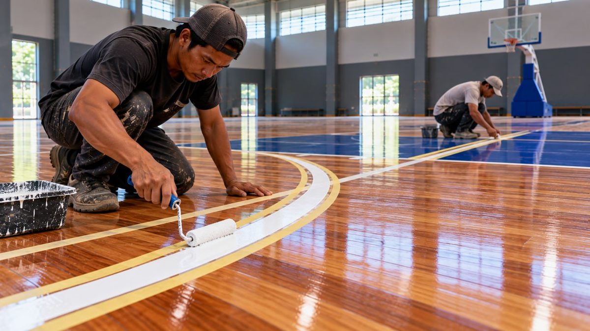 Jasa Pasang Lantai Lapangan Basket Surabaya - Spesialis Lantai Kayu 4 Pekerja memasang garis putih lapangan basket di lantai parket