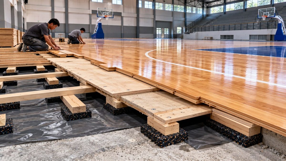 Lantai Kayu Gresik: Harga & Jasa Pasang 2026 7 Pekerja memeras kain pel di ember biru di lantai kayu