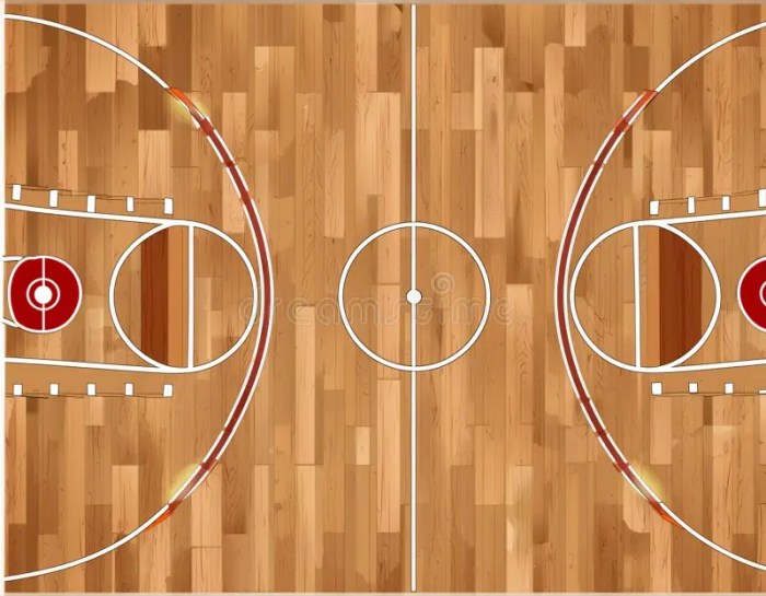Top view of a parquet basketball court with hoops installed and ...