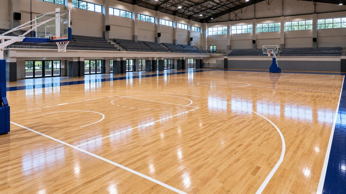 Cara Meminimalkan Suara & Getaran Lantai Parket Basket 2 Panel kayu dipasang di atas penyangga karet hitam