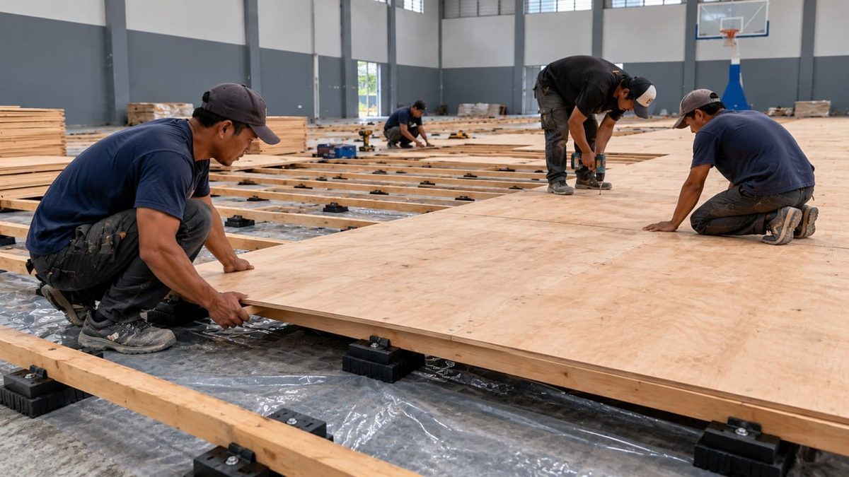 Basketball Court Flooring Indonesia: FIBA Specs & Price 5 Installer kneeling to fit a parquet panel on a basketball court