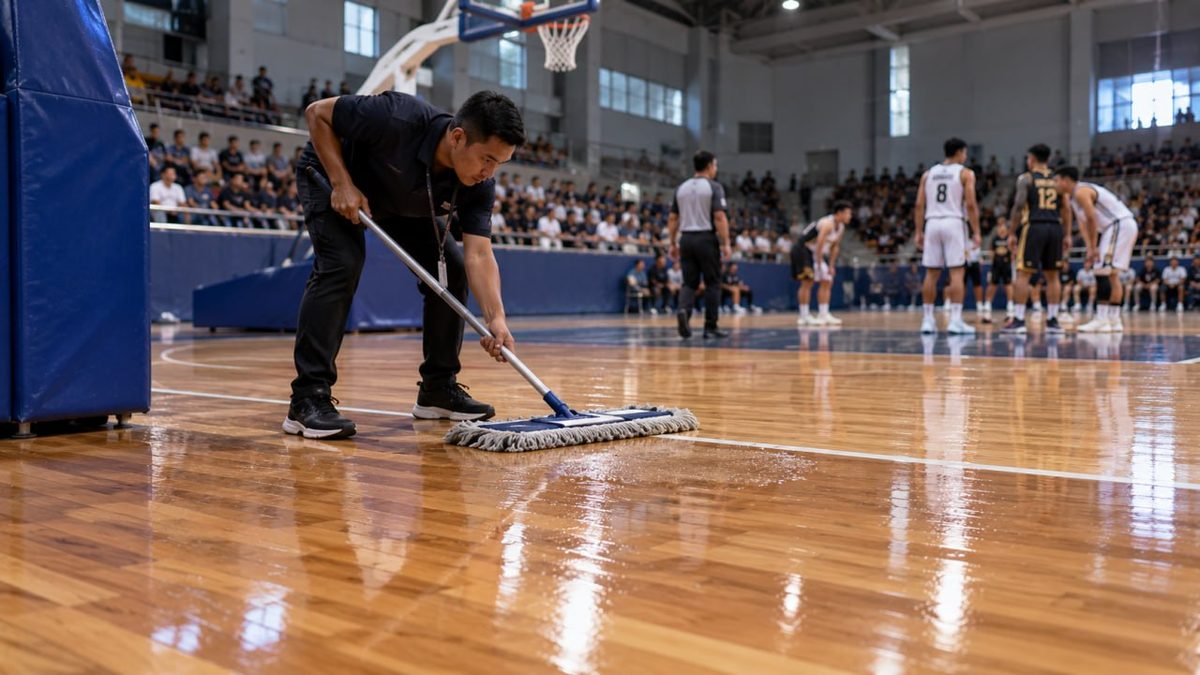 Pekerja sedang melakukan finishing lantai kayu lapangan sementara tribun penonton terisi di belakang