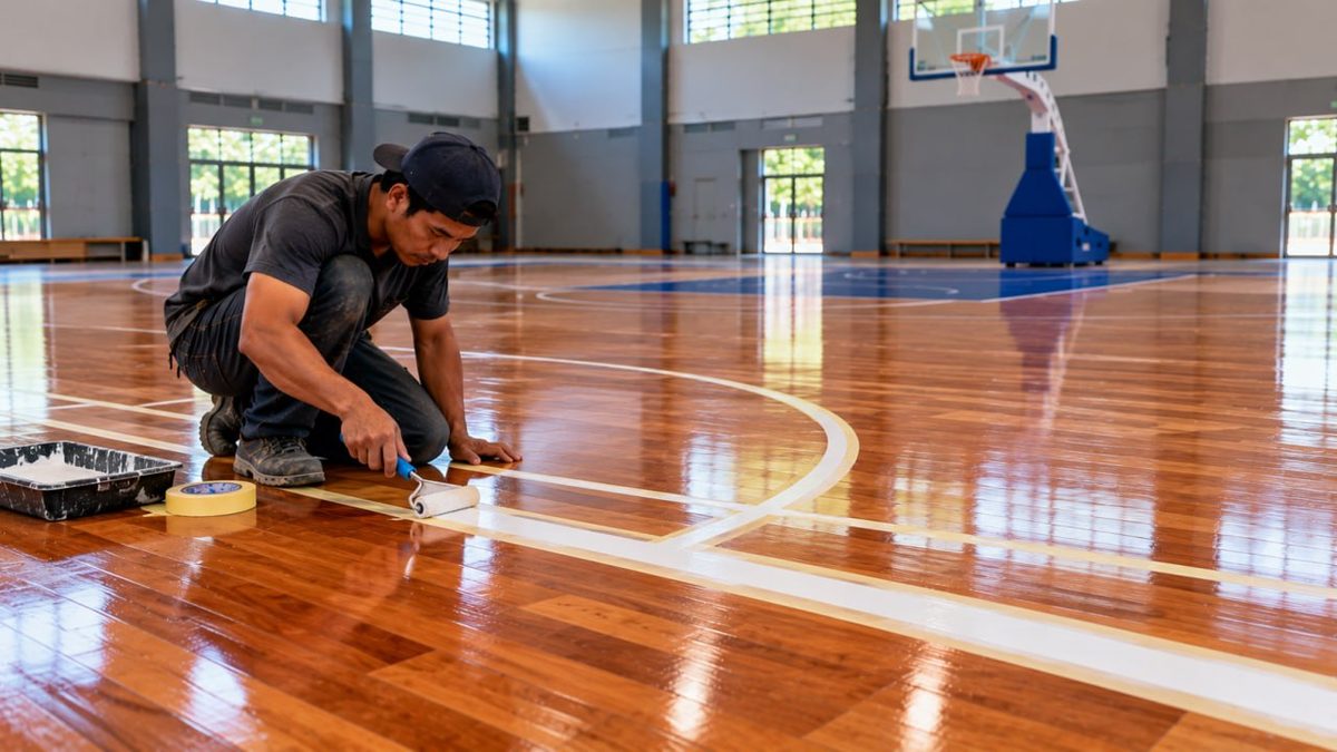 Lantai Kayu Gresik: Harga & Jasa Pasang 2026 9 Pekerja jongkok mengerjakan detail finishing lantai