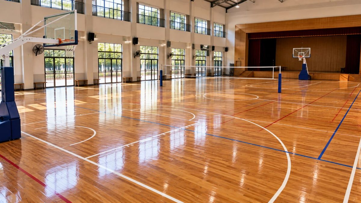 Lantai Kayu Lapangan Basket 3 Pekerja melakukan finishing coating lantai kayu lapangan basket