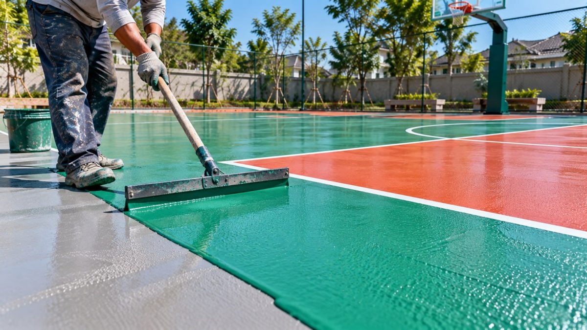 Lantai Interlock Lapangan Basket Panduan Lengkap 1 Pekerja memasang lantai sintetis hijau dengan garis putih