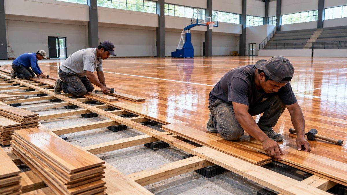 Jasa Pemasangan Lantai Parket Lapangan Basket di Surabaya 1 Pekerja memasang papan lantai parket lapangan basket