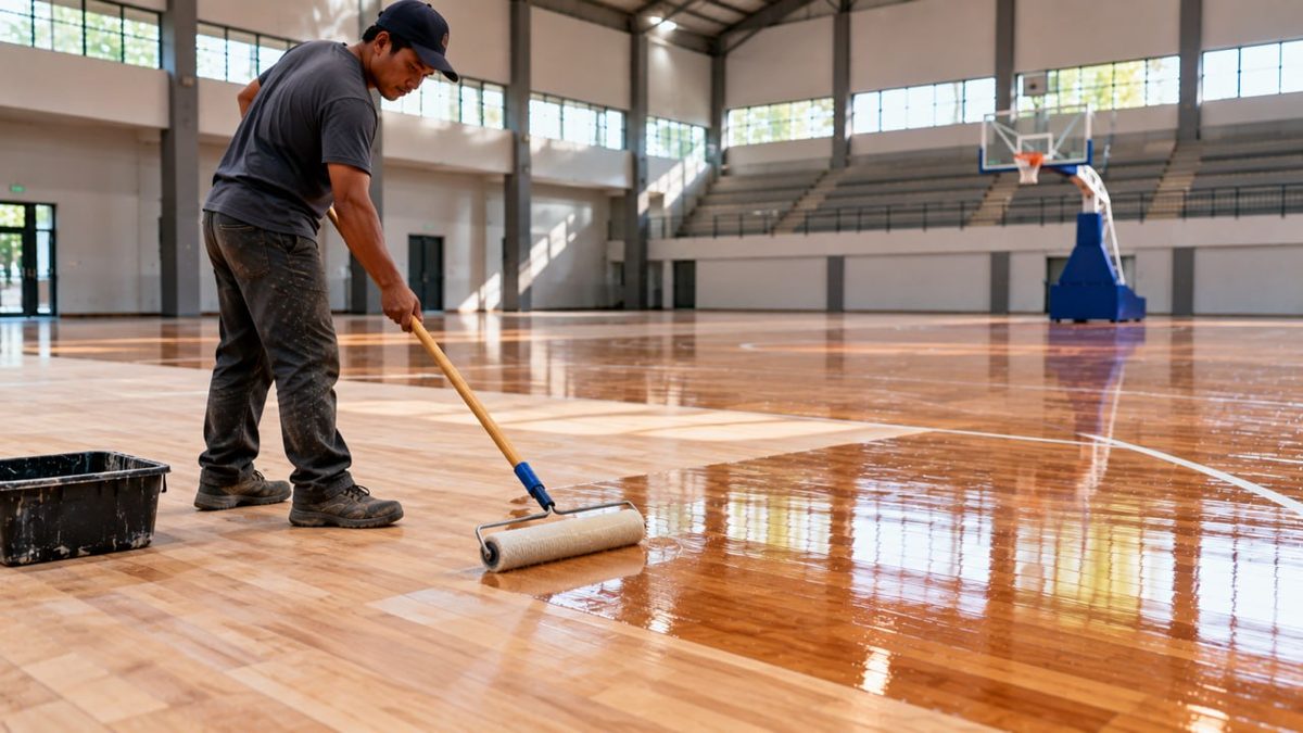 Pekerja memeriksa lantai basket kayu yang sudah jadi di GOR indoor