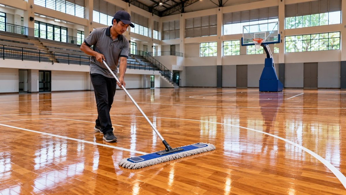 Cara Mengatasi Parket Basket Licin & Solusi Ahli 2026 1 Petugas mengepel lantai kayu lapangan basket