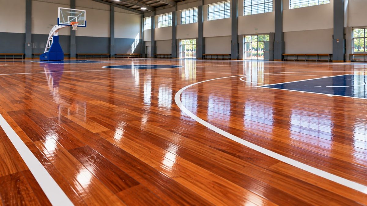 Basketball Court Flooring Indonesia: FIBA Specs & Price 9 Worker applying a finish coat to a wooden basketball court floor