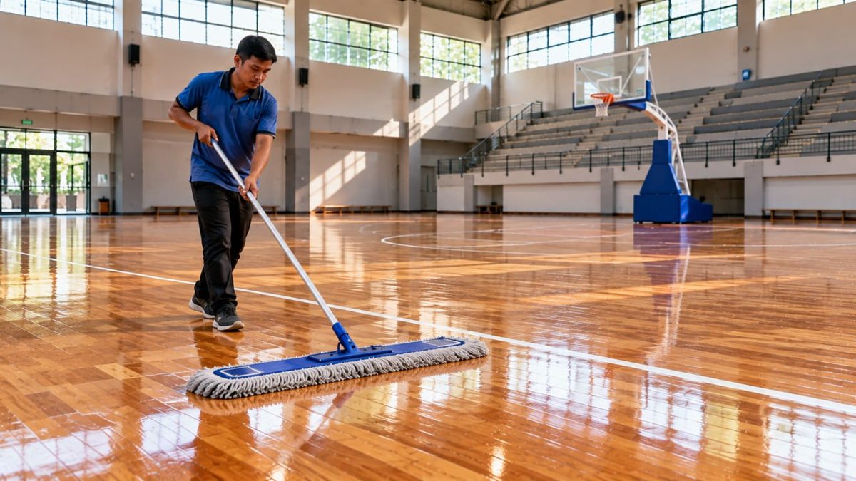 Jasa Pemasangan Lantai Parket Lapangan Basket di Surabaya 2 Pekerja mengaplikasikan finishing di lantai basket kayu
