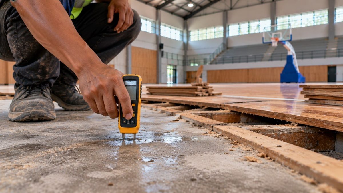 Lantai Kayu Gresik: Harga & Jasa Pasang 2026 2 Pekerja mengukur papan kayu dengan waterpass