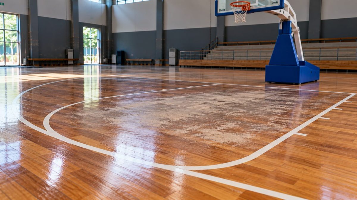 Lantai Lapangan Basket: Panduan Lengkap Material, Harga & Pemasangan 2 Lapangan basket dengan lantai parket kayu dan garis lengkap