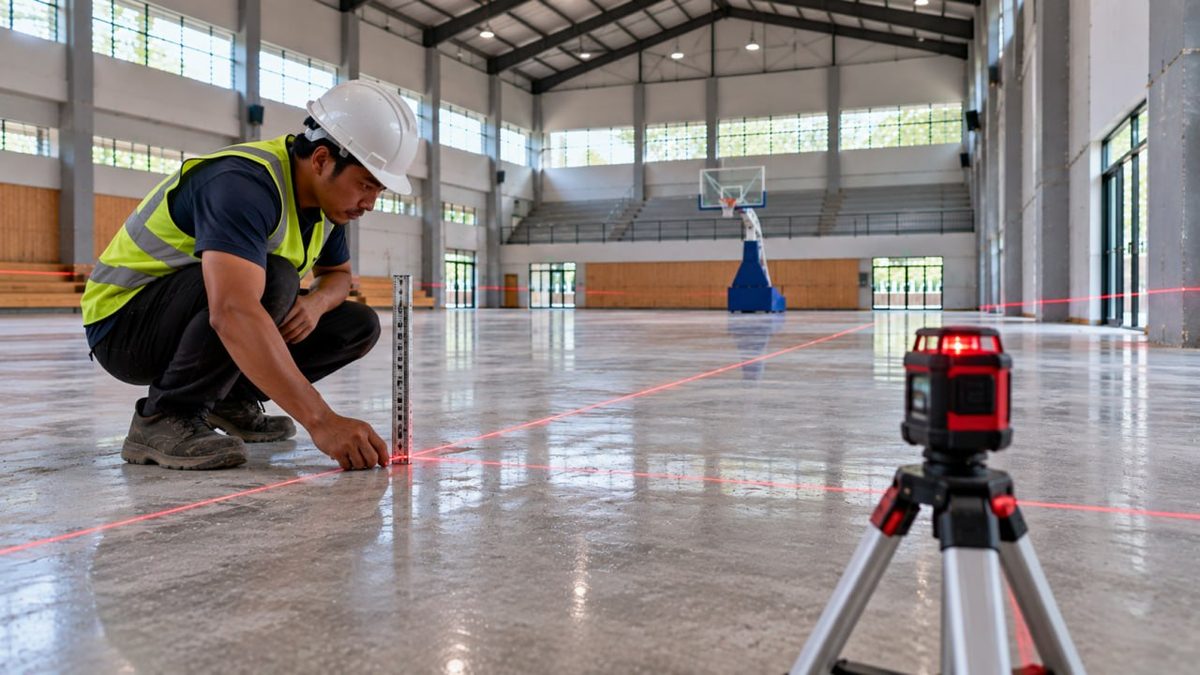 Lantai Kayu Lapangan Basket: Pilihan Profesional untuk Arena Basket Tahan Lama & Elegan 2 Pekerja memakai laser level saat memasang lantai lapangan basket
