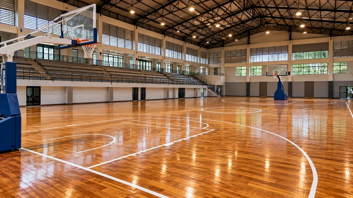 Lantai Lapangan Basket Indoor Vinyl Pilihan Terbaik untuk Aktivitas Aktif 2 Lantai kayu lapangan basket mengkilap dengan garis putih