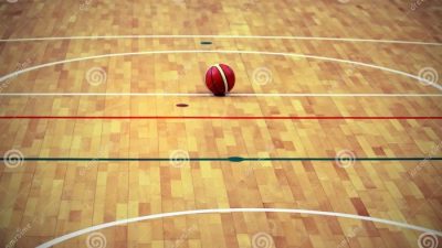 Ball Basketball in the Basketball Court with a Wooden Parquet Stock ...