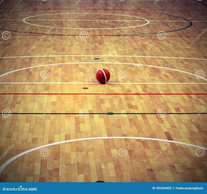 Ball Basketball in the Basketball Court with a Wooden Parquet Stock ...