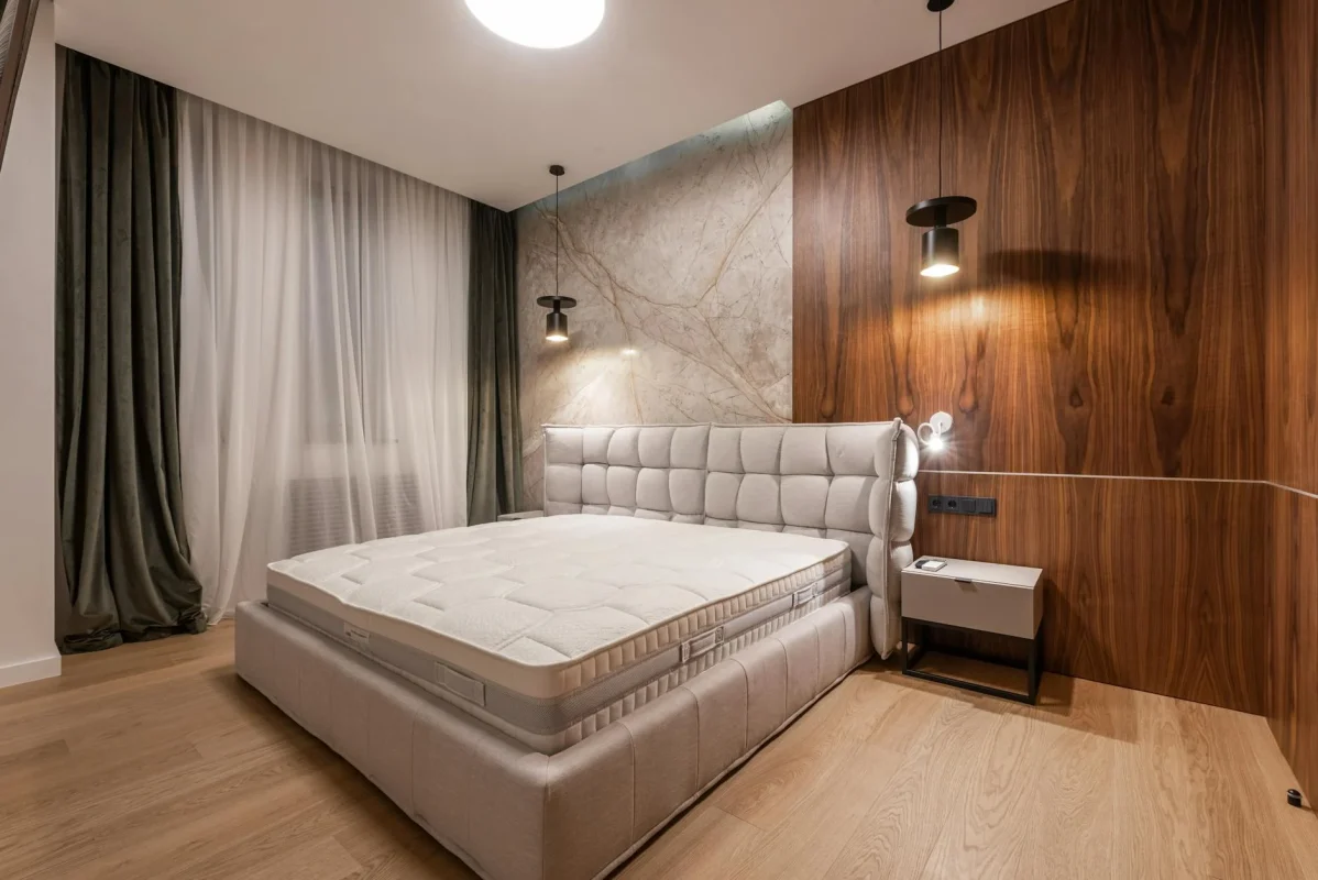 Dark Wood Floor Walnut Parquet Grey Walls Luxury Bedroom