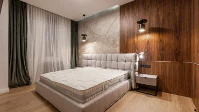 Dark Wood Floor Walnut Parquet Grey Walls Luxury Bedroom