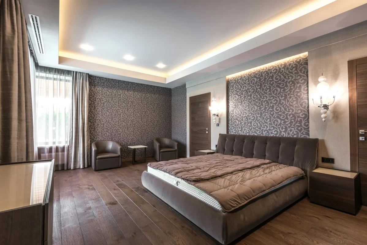 Luxury Interior Teak Wood Floor Beige Walls Warm Lighting