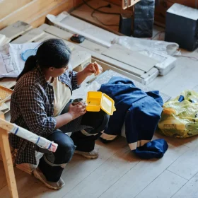 Worker Installing Floor Wooden Planks