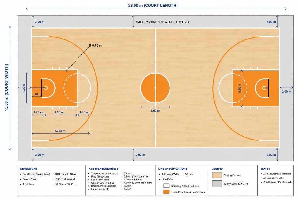 Lantai Lapangan Basket: Panduan Lengkap Memilih Material yang Tepat 1 Infografis Ukuran Lapangan Lantai Basket