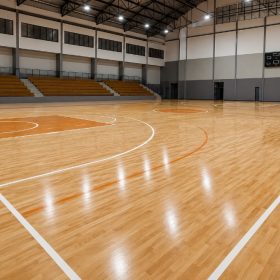 Jasa Pasang Lantai Parket Madiun - Profesional & Bergaransi | LantaiParket.id 3 hasil pemasangan lantai kayu lapangan basket dengan garis FIBA