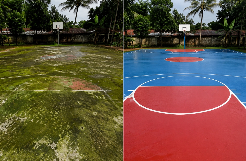Lantai Lapangan Basket Outdoor Surabaya: Material Tahan Cuaca Tropis 2026 2 masalah lumut lapangan basket outdoor Indonesia
