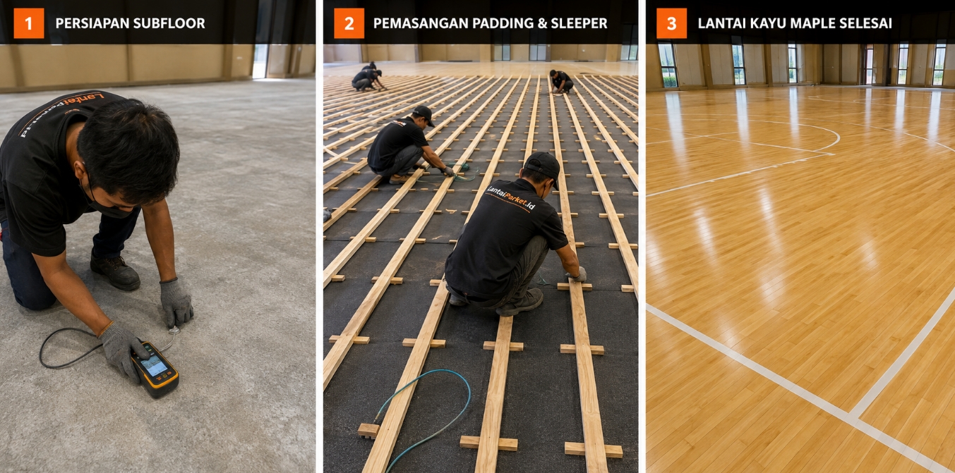 Jasa Pasang Lantai Lapangan Basket Surabaya - Spesialis Lantai Kayu 3 proses pemasangan lantai basket surabaya lantaiparket.id