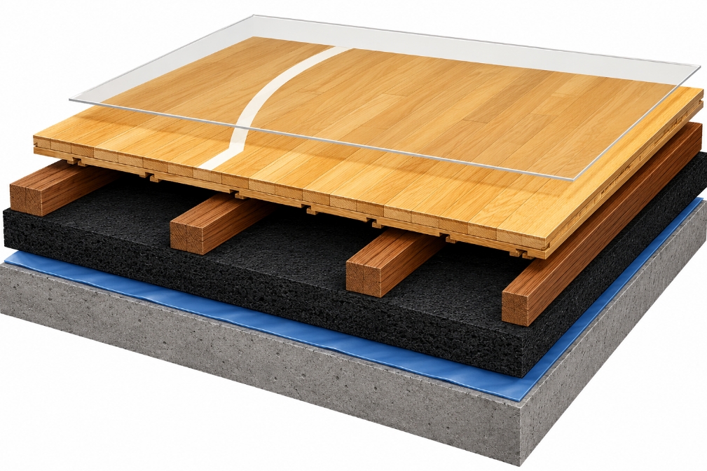 Lantai Kayu Lapangan Basket: Jati, Merbau atau Maple? Panduan 2026 3 sistem lapisan lantai kayu lapangan basket floating floor