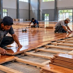 Jasa Pasang Lantai Lapangan Basket Panduan Lengkap 2 Tim memasang papan lantai kayu lapangan basket indoor
