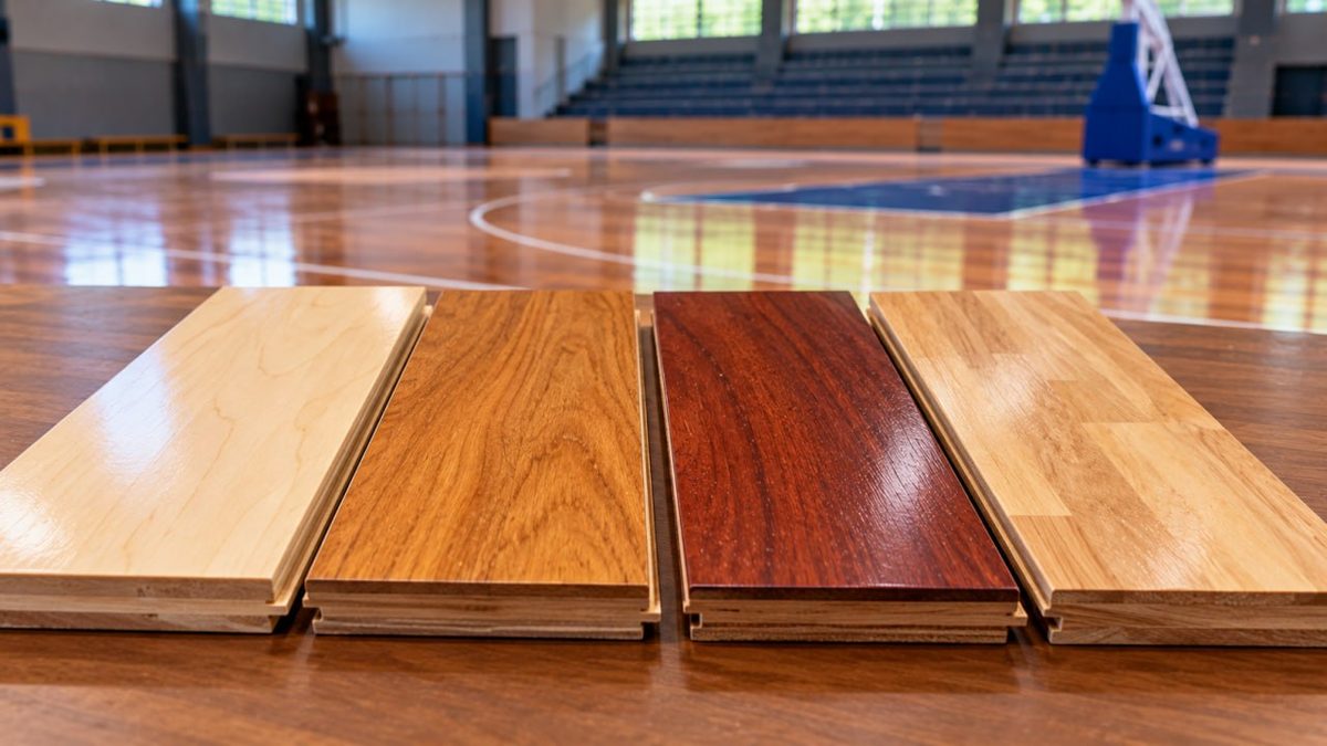 Kontraktor Lapangan Basket Surabaya Spesialis Lantai Kayu 3 Sampel jenis kayu maple, jati, dan merbau untuk lantai lapangan basket indoor